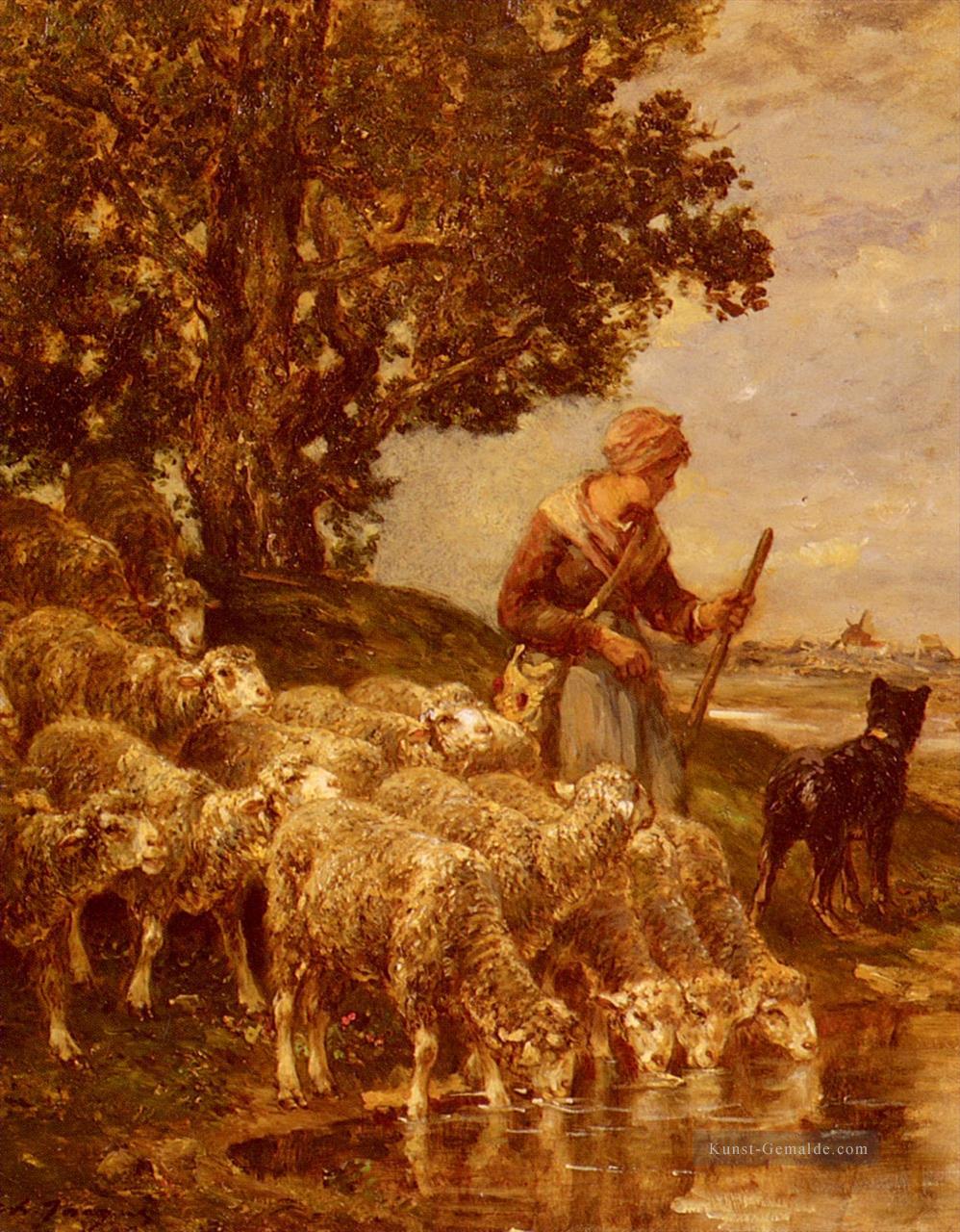 Ein Shepardess Bewässerung Her Flock Tierier Charles Emile Jacque Ölgemälde